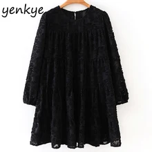 Винтажное черное текстурированное платье свободного кроя с круглым вырезом и рукавами-фонариками, повседневное осеннее платье, короткое платье, vestidos XZWM19178