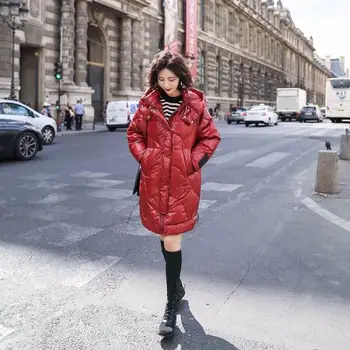 

Winter Women Solid Oversized Down Padded Jacket Pockets Zipper Hooded Parkas Button Long Sleeve Drawstring Down Padded Coat