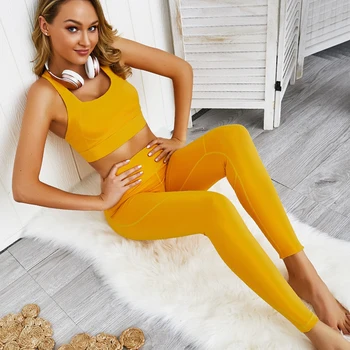 

Yellow Sexy workout set sport leggings and top set yoga outfits for women sportswear athletic clothes gym sets 2 piece
