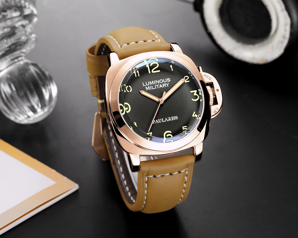 Men Automatic Self Wind Mechanical Genuine Brown Leather Strap Yellow Green Military Luminous 44mm Luxury Rose Gold Watch