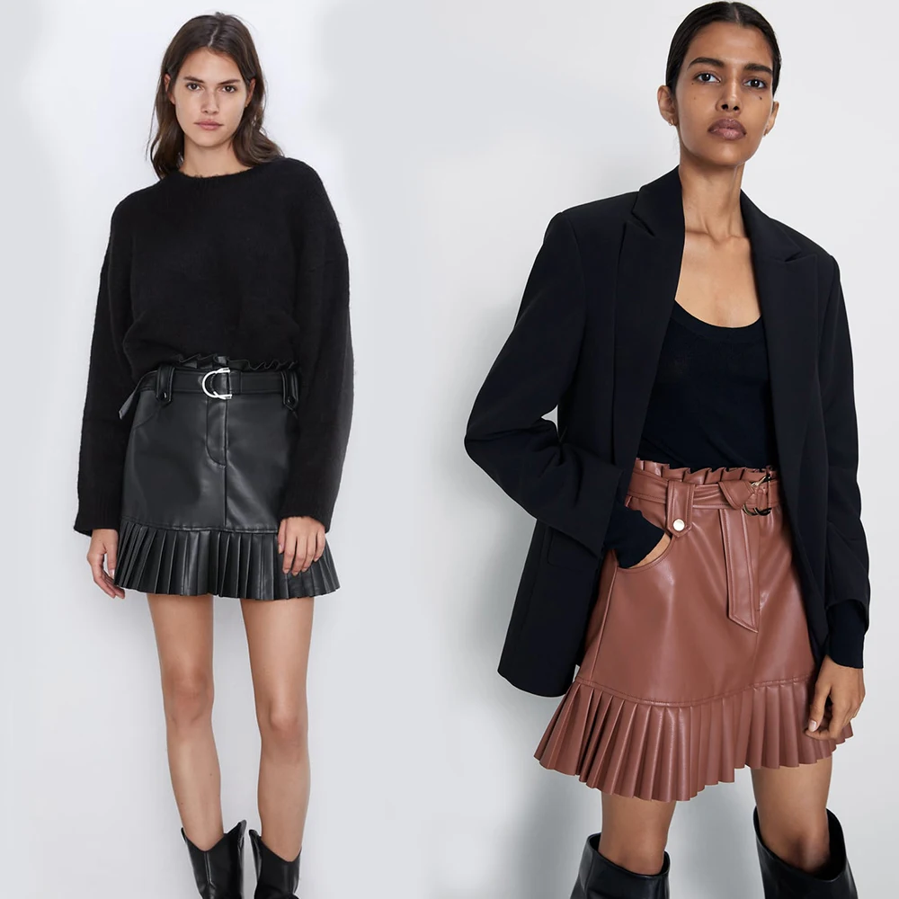 Новинка года; юбка ZA; пикантные милые юбки из искусственной кожи с поясом на пуговицах и оборками; однотонные мини-юбки; вечерние, праздничные
