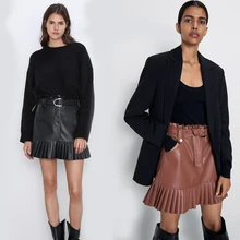 Новинка года; юбка ZA; пикантные милые юбки из искусственной кожи с поясом на пуговицах и оборками; однотонные мини-юбки; вечерние, праздничные