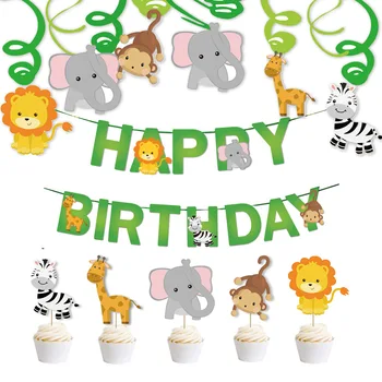 

Jungle Animal Birthday Pulling Banner Cartoon Lion Elephant Banners