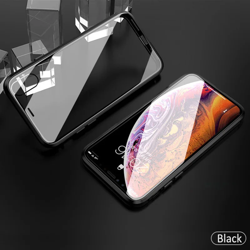 VZD металлический чехол с магнитной адсорбцией для iphone x, xr, xs, max6 Plus, задняя крышка из закаленного стекла на магните для iphone 7, 8 plus - Цвет: Black magnetic shell