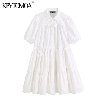 KPYTOMOA-Vestido corto blanco con volantes, minivestido Vintage con cuello de solapa y manga abombada para Mujer, Vestidos elegantes para Mujer 2020