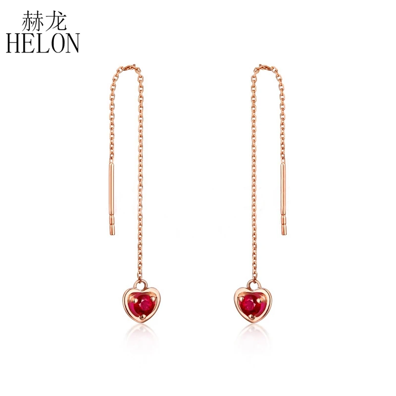 

HELON 100% Genuine Natural Ruby Drop Earrings Solid 18k Rose Gold AU750 Gemstone Women Trendy Party Fine Jewelry Chain Earrings