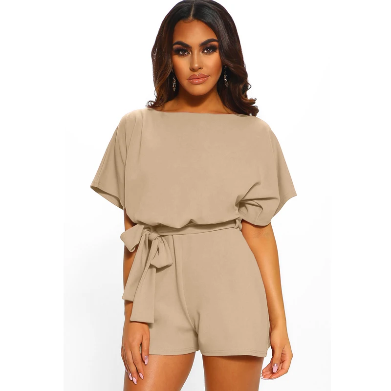 Women's Playsuits Fashion Lace Waist Short Sleeve Shirts Elegant Casual Sexy Slim Ladies Clothing Female Party Clothes
