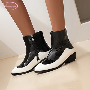 

Street style sexy pointed toe ankle boots zipper color matching black red white medium heel chunky motorcycle boots women shoes