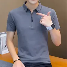 Новые мужские рубашки поло, летние хлопковые, спандекс, с коротким рукавом, однотонные, в Корейском стиле, на молнии, мужские Поло, мужские облегающие футболки G0032