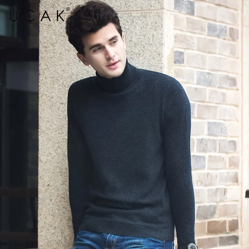 UCAK Brand 100% Merino Wool Sweater Men Autumn Winter Thick Warm Turtleneck Pullover Men Soft Knitwear Cashmere Pull Homme U3060