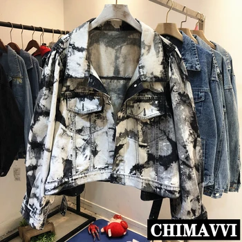 

2020 Autumn New Retro Women Loose Casual Personality Black and White Tie-Dye Jeans Coat Denim Cropped Jacket Female Coats