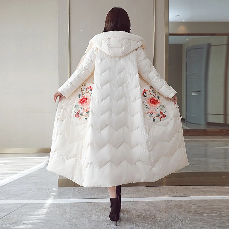 

Retro National Wind Embroidered Long Cotton-padded Clothes 2018 Winter New Style Frog over-the-Knee Chinese-style Loose-Fit Cott