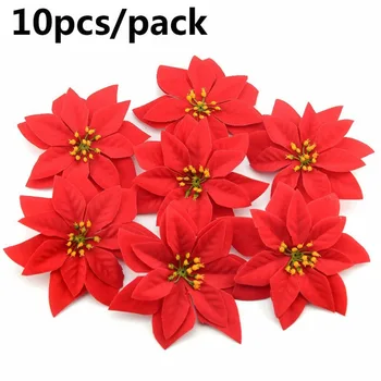 

10pcs Red Christmas Silk Flowers Artificial Glitter Poinsettia Flower 14cm Xmas Merry Christmas Home Party DIY Decorating Flower