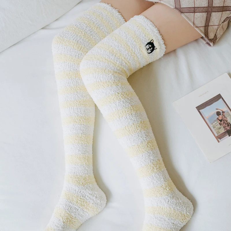 

Cute and Comfortable Coral Fleece Women's Stockings Stripes Add Velvet To Keep Warm Thigh High Socks Over The Knee Sock Winter