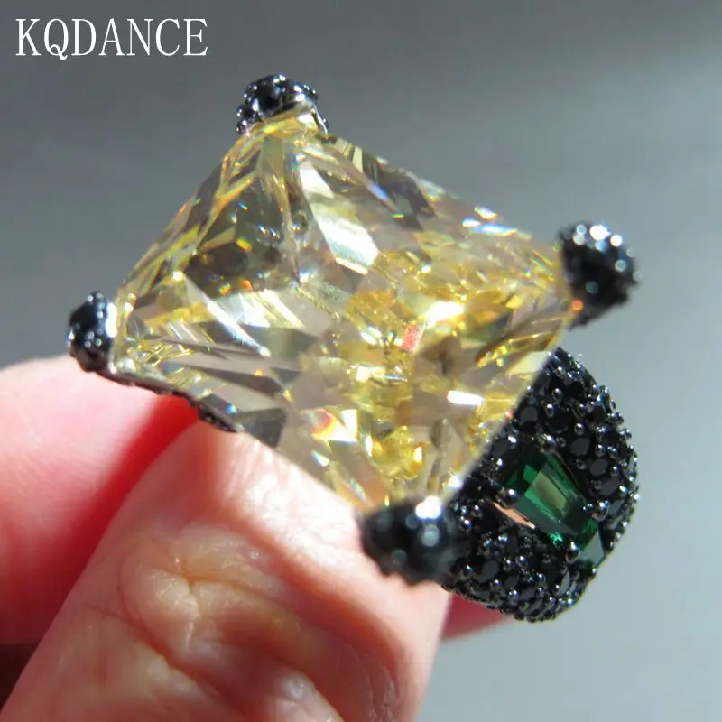 KQDANCE Solid 925 Sterling Silver Black Zircon Simulated Yellow Moissanite Diamond Ring with Big Stone Fine Jewelry For Women