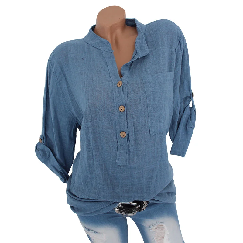 Womens Cotton Linen Stand Collar Shirt Blouse Plus Size 5XL White Solid Pocket Womens Shirts 2020 Spring Loose Blouses Female Womens Cotton Linen Stand Collar Shirt Blouse Plus Size 5XL White Solid Pocket Womens Shirts 2020 Spring Loose Blouses Female