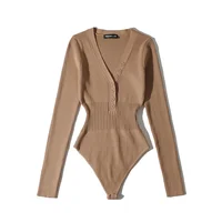 Summer one piece outfits for women sexy deep v neck bodysuit women bodycon bodysuit long sleeve button up bodysuit knitted - Image 4