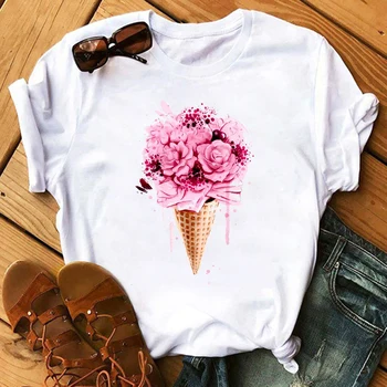 

Maycaur Women Flower Print Tshirts Summer Casual Short Sleeve Tshirt Kawaii Women Shirt T Female T-shirt Tops Vogue Woman Tees