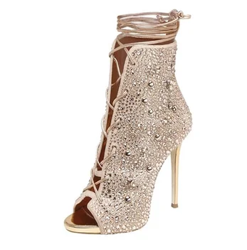 

New Hot Selling Gold Crystal Embellished high Heel Boots 2018 Newest Open Toe lace-up gladiator Sandal boots Woman Ankle Boot