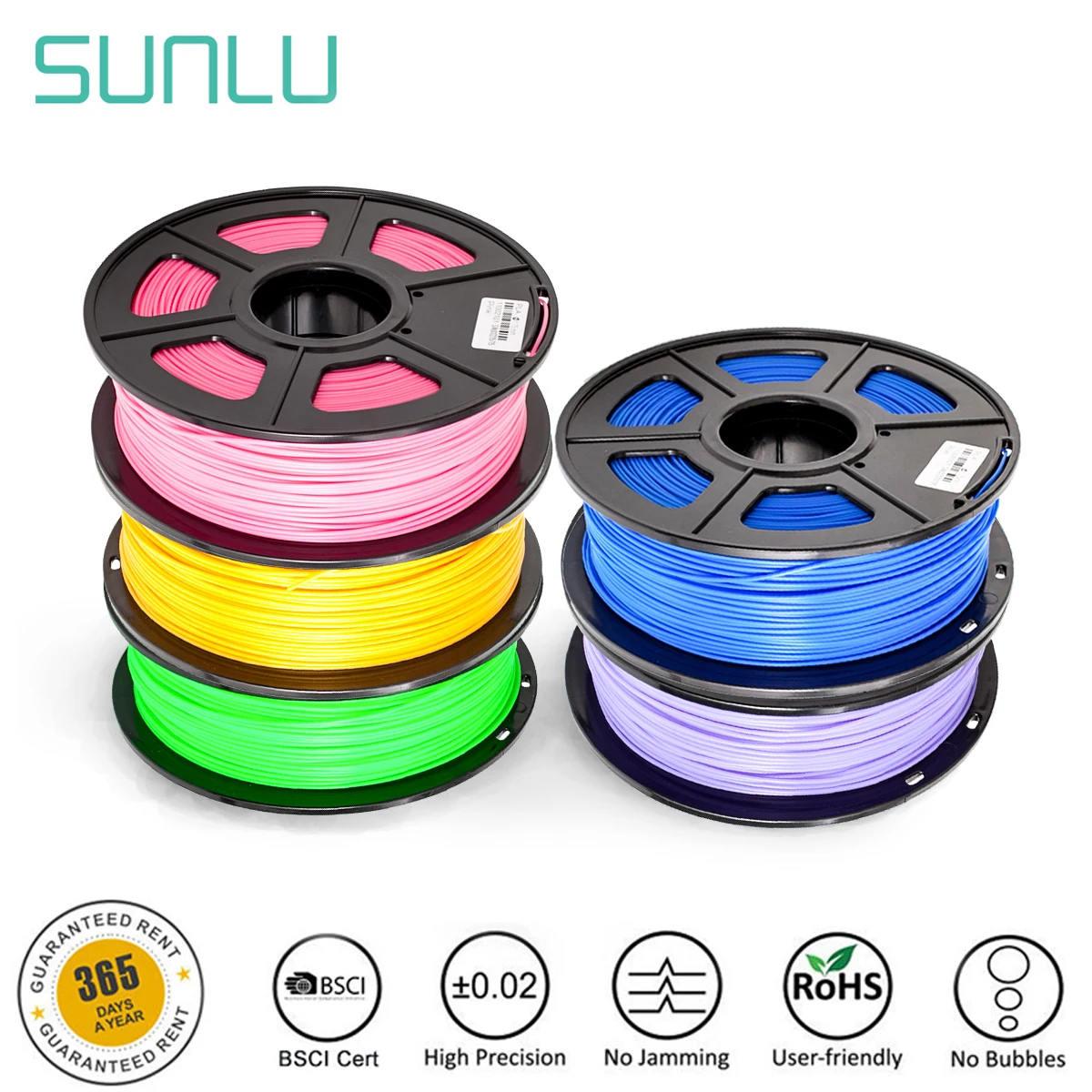 

SUNLU PLA 3D Printer Filament 1.75mm 1KG PLA per roll with Green,Pink,LightGold,Purple,Blue