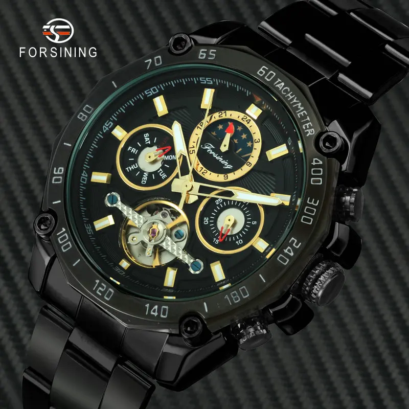 

FORSINING Military Sport Watches Automatic Tourbillon Mechanical Watch Men Sun Moon Phase Black Stainless Steel Strap Wristwatch