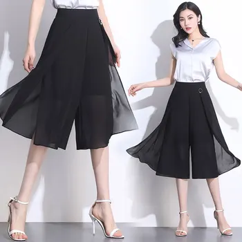 

Summer Chiffon Calf-length Pant Women Fashion Elastic Waist Wide Leg Pants Female Patchwork Loose Pants Plus Size High Quality