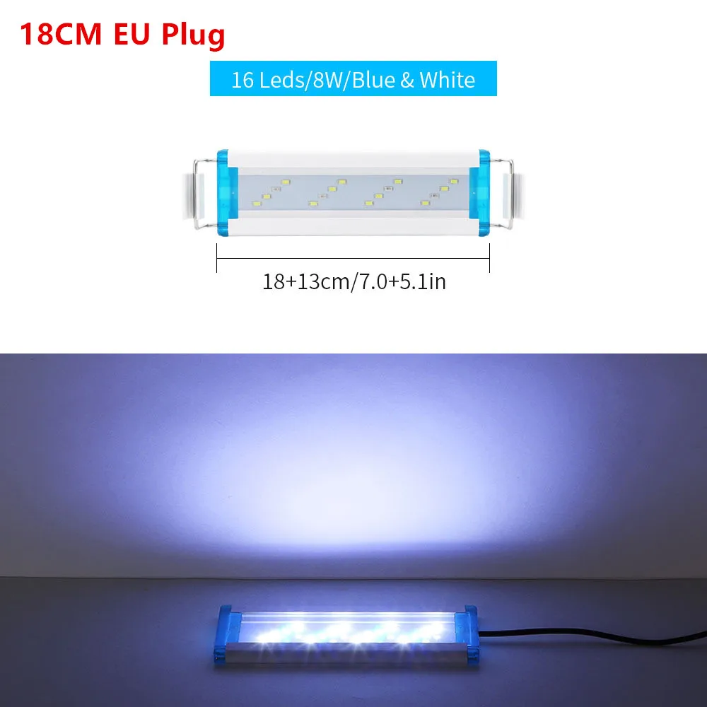 18-48 см супер тонкий светодиодный светильник для аквариума, синий белый светильник, расширяемый водонепроницаемый светильник с зажимом для аквариума, светильник с вилкой Стандарта США и ЕС - Цвет: 18CM EU Plug