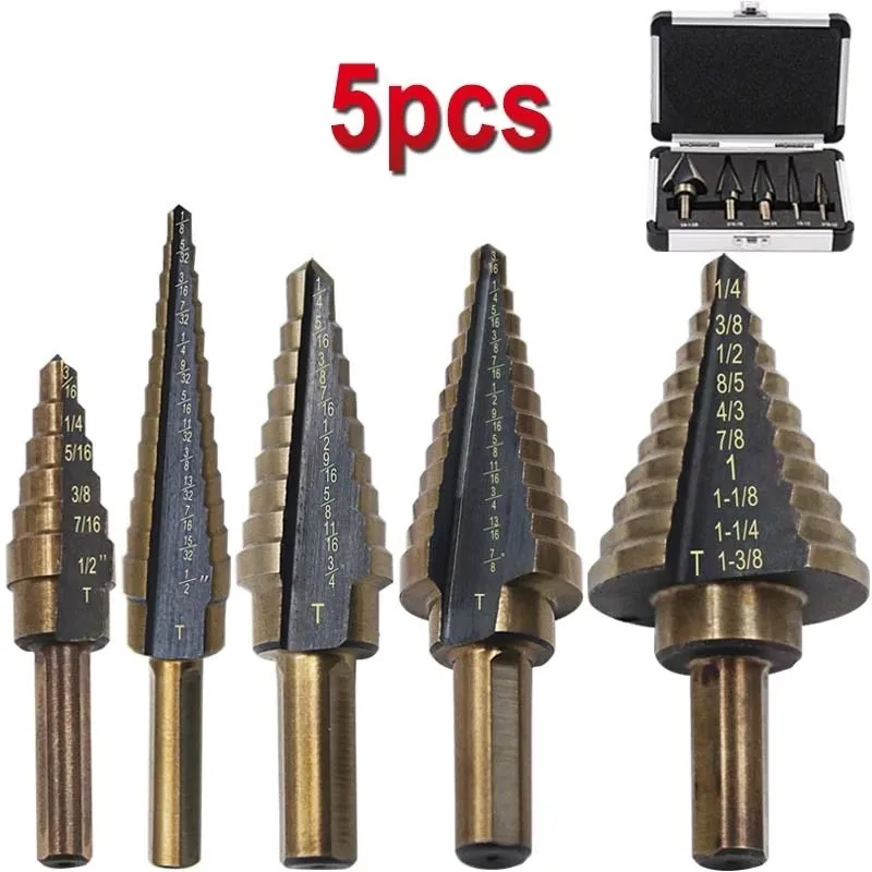 5 pcs/Set Hss High Speed Cobalt Multiple Hole Opener 50 Sizes Carpentry Steel Step Drill Bit Set With Aluminum Case Arrival