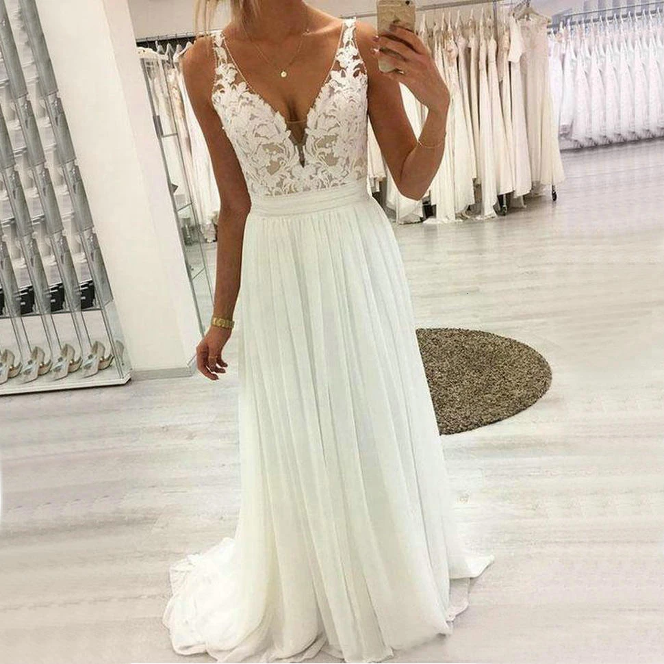 Элегантное богемное пляжное свадебное платье трапециевидной формы с v-образным вырезом в пол свадебное платье кружевное шифоновое платье