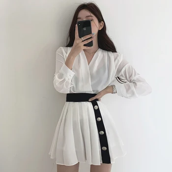 

Women's Sets Korean-Style Summer New 2020 V-neck Long-Sleeved Shirt Women Solid Color Pleated Skirt Two Pieces Female