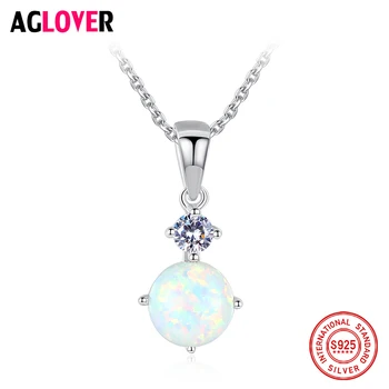 

AGLOVER 100% 925 Sterling Silver Fashion Opel Necklace Round Crystal Pendant Long Chain For Woman Silver Chain Necklace Jewelry