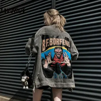 

Demon Print Demin Jacket Women New High Street Punk Hole Coat Female Streetwear Hip Hop Loose Frayed Ripped Long Jean Jackets