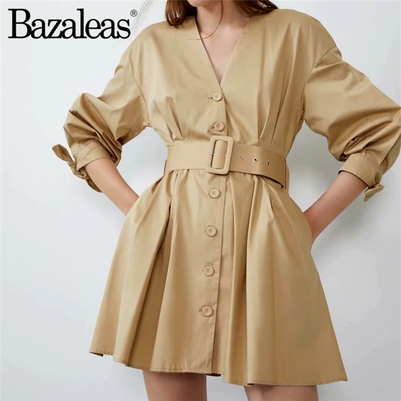 

Dropshipping office wear stylish dresses solid vestidos khaki mini dress bow tie sleeve belt design V neck Sashes Women Dresses