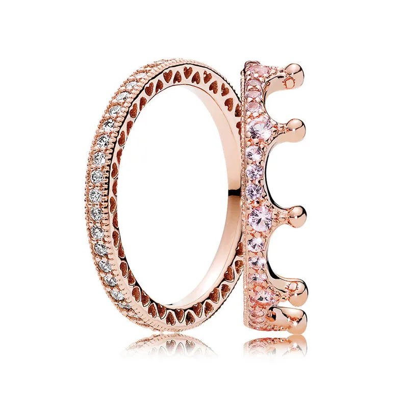 

New Rose Crown Enchanting Ring Stack Original 925 Sterling Silver Pans Rings For Women Wedding Party DIY Europe Jewelry Gift