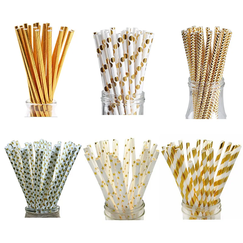 25pcs/set Foil Gold Drinking Paper Straws Birthday Party Wedding Decorative Supplies Home Supplies