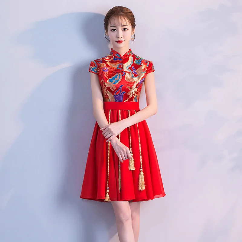 Новое атласное платье Cheongsam красное свадебное винтажное платье Qi Pao Женские китайские свадебные платья Qipao Акция Женская Роба в восточном стиле - Цвет: C