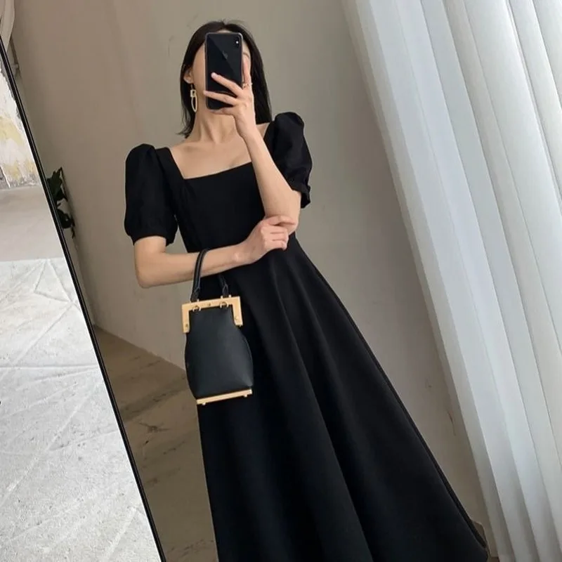 Short Puff Sleeve Dress Women Black 