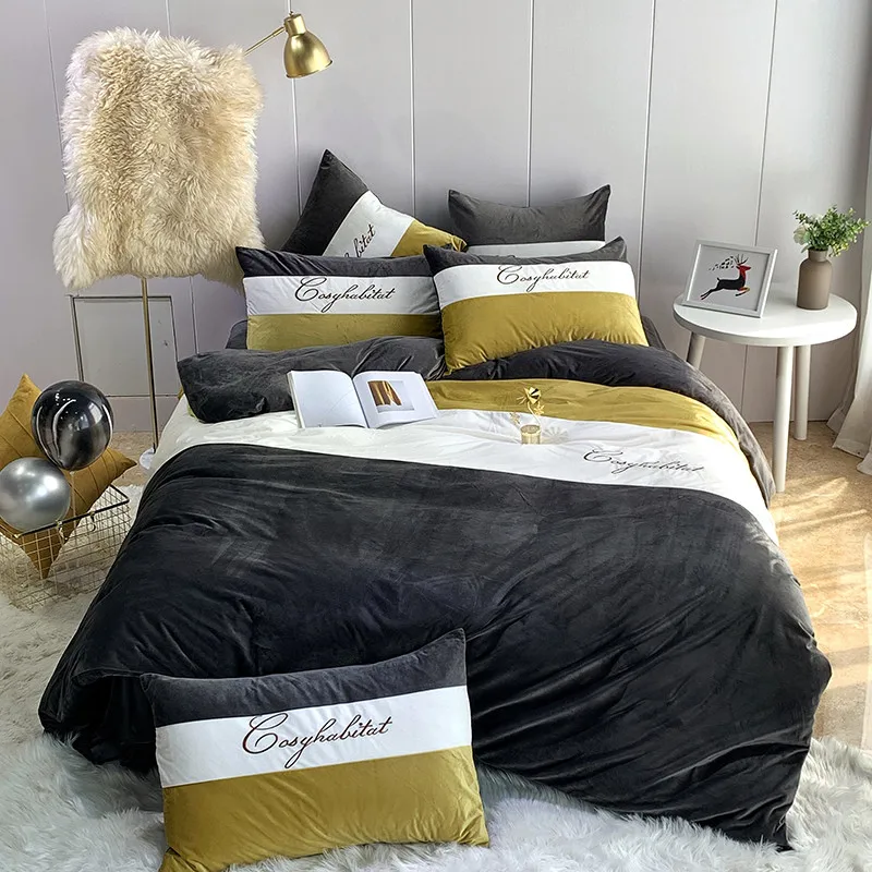 

Modern Style Warm Velvet 4pcs Stitching Embroidery Duvet Cover Flat Fitted Bed Sheet Pillowcase Dark Grey Pink Royal Bule