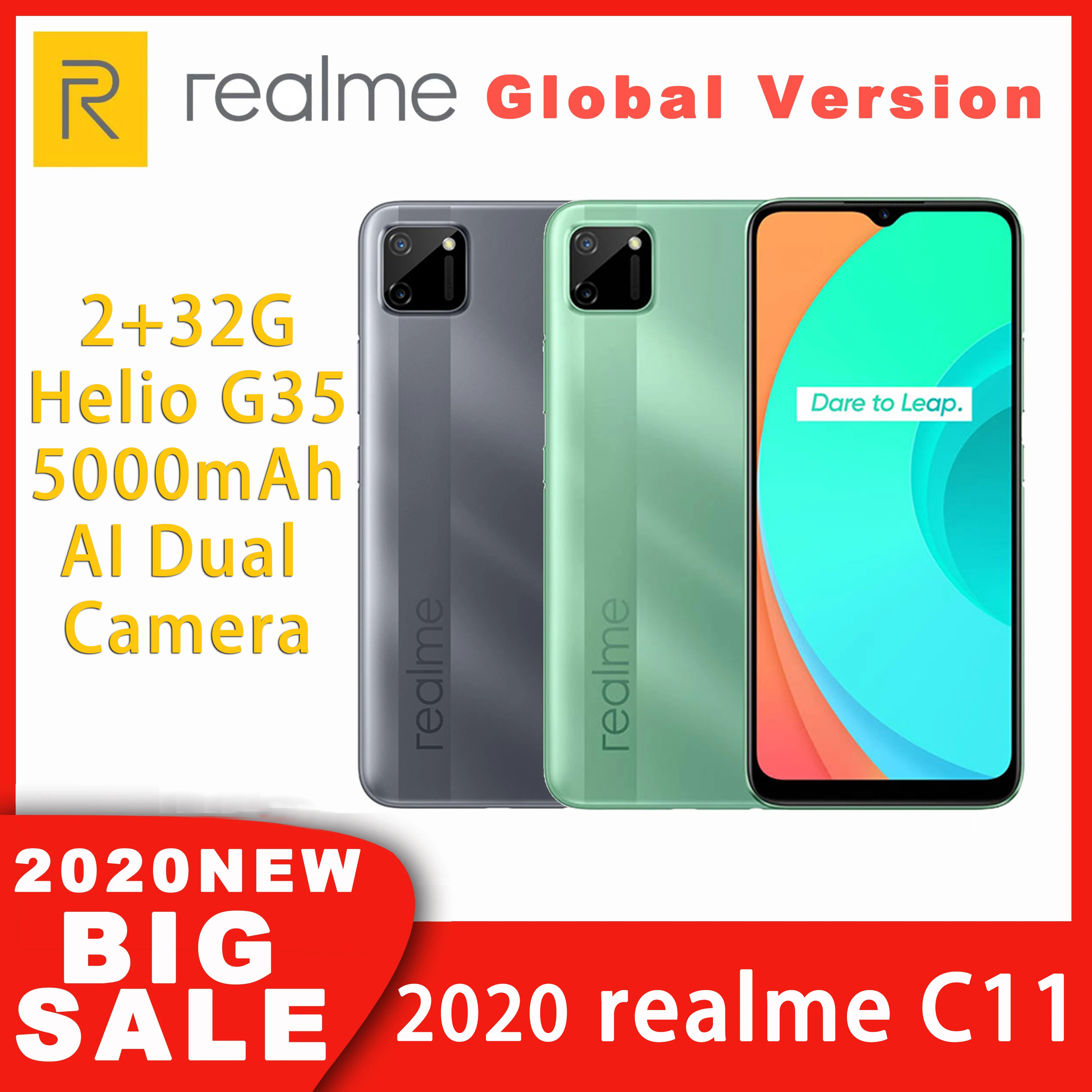 

realme C11 6.5 Global Version 2GB 32GB Helio G35 5V2A charger 5000mAh 13MP AI Dual Camera Octa Core 4G Mobile Phone smarthphone