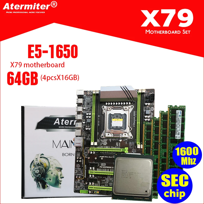 Atermiter X79 Turbo материнская плата LGA2011 ATX combos E5 1650 C2(4 шт. x 16 Гб) 64 Гб 1600 МГц PC3 12800R PCI-E NVME M.2 SSD USB3.0