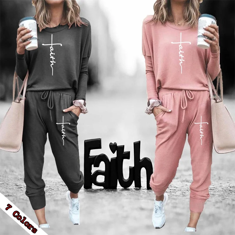 Women's Winter Suit Faith Cross Print Trend Pattern 2pcs Sport Pullover Solid Color Casual Fashion Women Clothing Ladies Suit frog drift streetwear hole cross pattern knitting clothing casual loose full woolen coat pullover tops sweater for men unisex