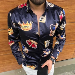 Estilo britânico coroa impressão camisas 2021 marca de moda luxo topos primavera outono casual blusas masculinas do vintage manga longa camisa