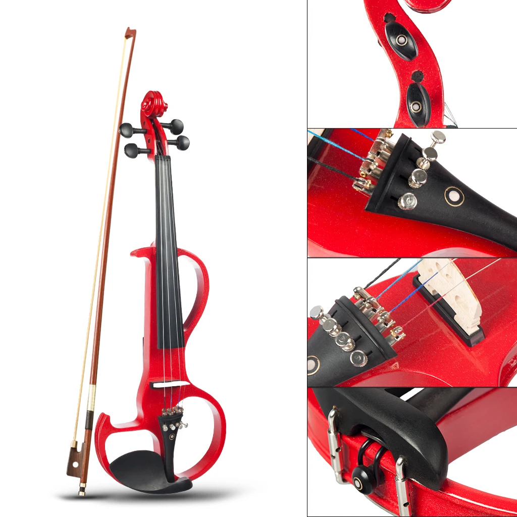 Exquisite Solidwood Electric Silent Violin Red with Rosin Bow Hard Case Headphone Cable, 4/4