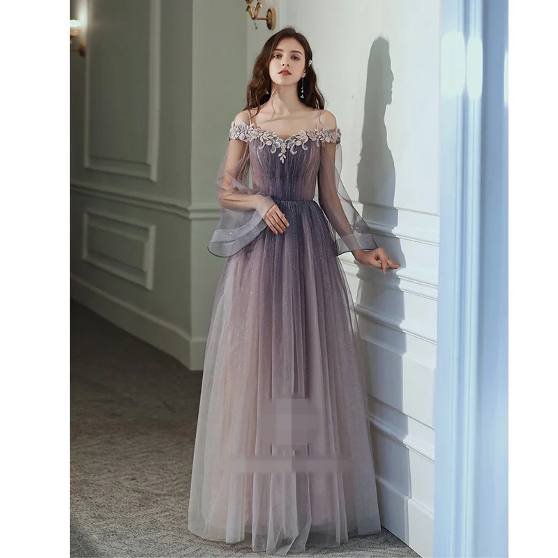 It's Yiiya Evening Dresses Purple Gradient Bling Evening Dress Elegant Boat Neck Long Party Gowns Appliques robe de soiree LF013