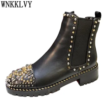 

Bling Bling Crystal Rivets Chelsea Boots Women Thick Sloe Real Leather Chunky Heel Ankle Botas Handsome Motorcycle Short Boots