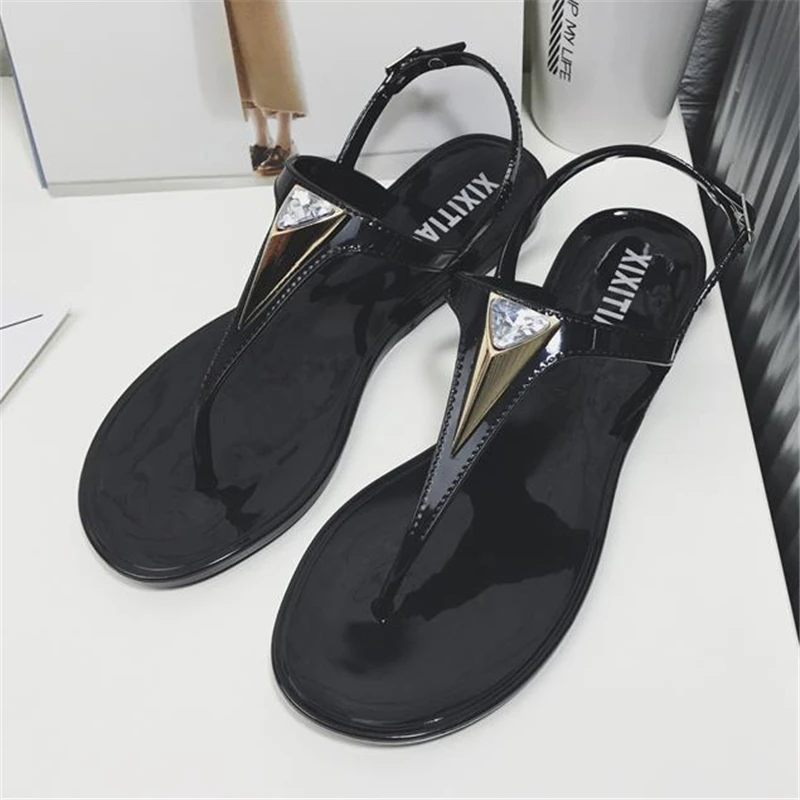 Модные женские сандалии с Т образным ремешком на плоской подошве|rhinestone flat sandals|flat