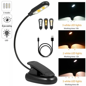 

LED Clip On Desk Lamp Light 5LED USB Rechargeable 3 Level Lighting Modes Single Pole Dimmable Table Reading Book Lamp Light
