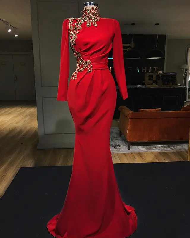 

Red Stain Gold Luxury Detail Evening Pageant Dresses 2020 Modern High Neck Long Sleeve Mermaid Plus Size Prom Formal Wear Gown