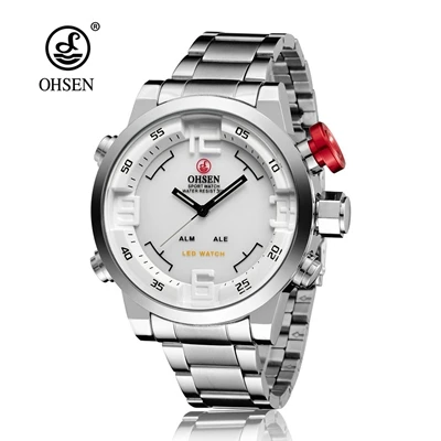 OHSEN Dual time Men Quartz Wristwatches Waterproof Black Military man Watch Fashion Sport Digital LED Clocks relogio masculino - Цвет: Silver white