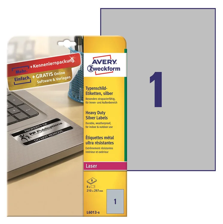 Avery labels zweckform l6013-8 A4 210x297mm 1 pc per sheet/198 GSM/8L./Silver self adhesive. Laser print